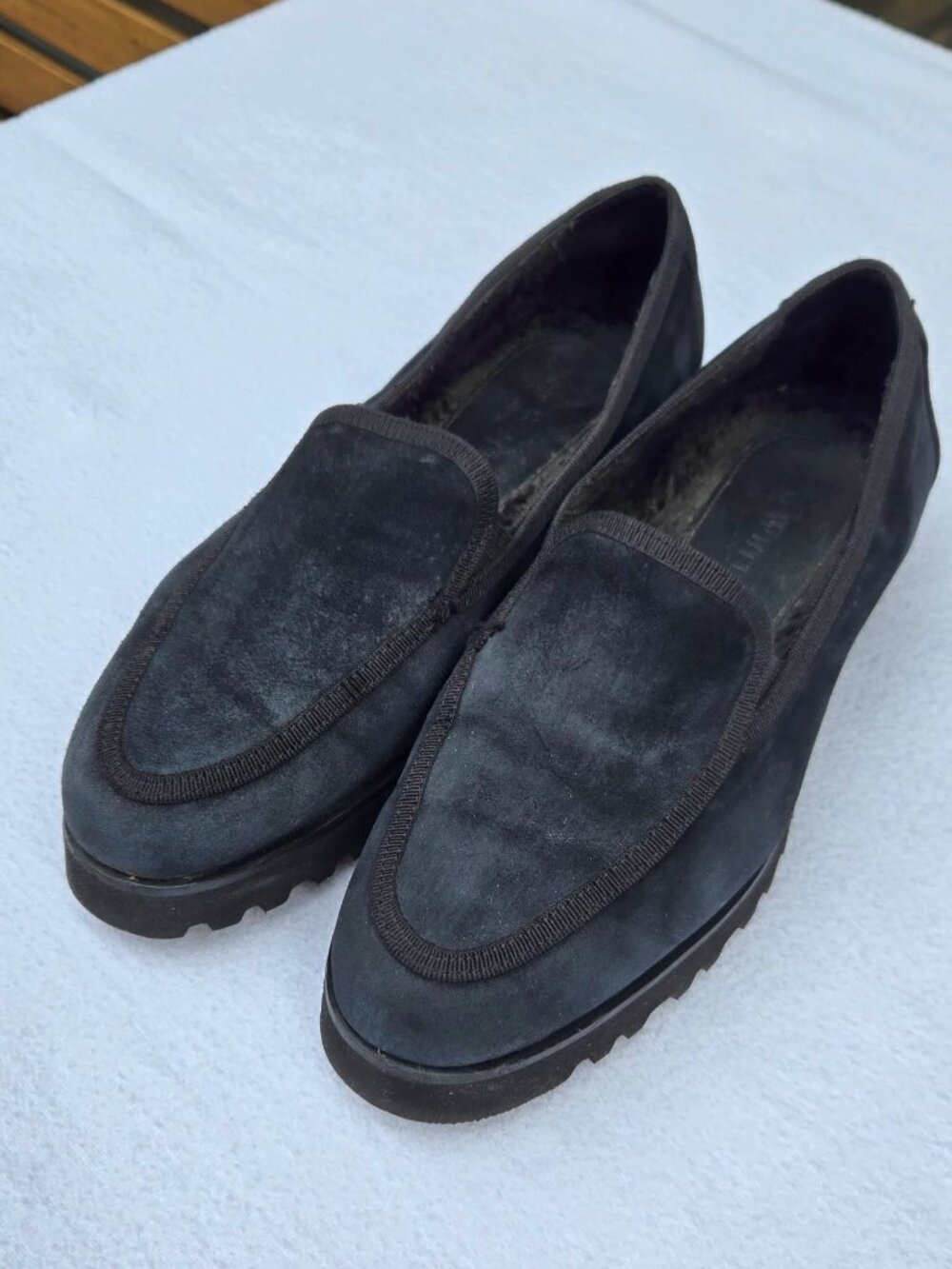 Ron White Black Suede Vibram Lug Sole Loafers Size 38 Made in Italy